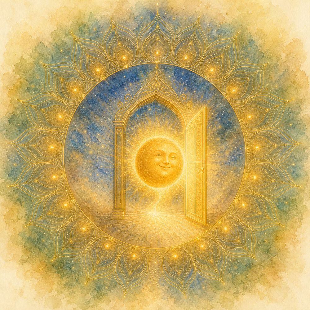 Der Sonnenfreund wandert durch ein leuchtendes Tor im Mandala der 64 Pforten