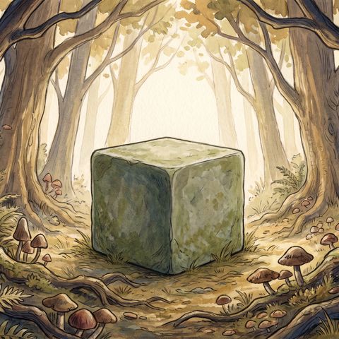 Der Erdstein, ein Würfel mit 6 Quadrate, gemalt in seiner Landschaft
