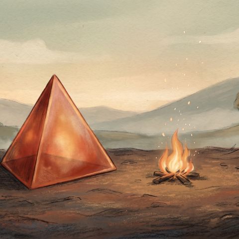 Der Feuerstein, ein Tetraeder mit 4 Dreiecke, gemalt in seiner Landschaft