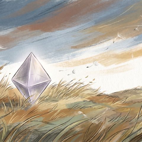 Der Luftstein, ein Oktaeder mit 8 Dreiecke, gemalt in seiner Landschaft
