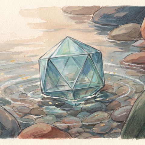 Der Wasserstein, ein Ikosaeder mit 20 Dreiecke, gemalt in seiner Landschaft